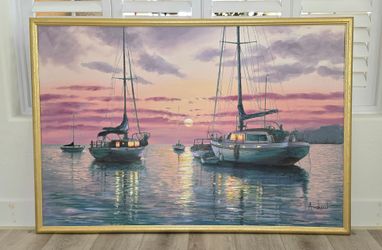 Large Gold-Framed Sailboat Sunset Wall Art