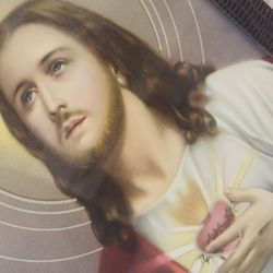 ITALY Lizard Skin LEATHER FRAME JESUS CHRIST Orig Vintage Fine Art Print Antique 1937 Collectible Religion Sacred Heart Christian Christianity Icon