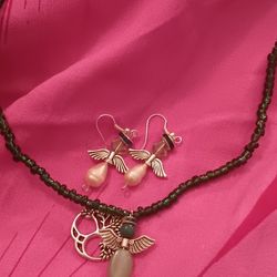 Green And Pearl Angel Necklace Earrings Set 