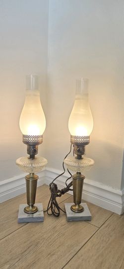 Two Vintage Electric Brass Hurricane Style Lamps With Marble & Crystal Base. In Great Condition.