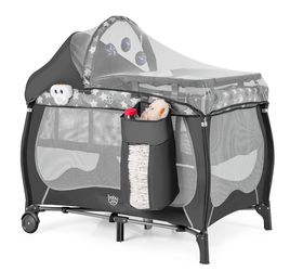 BABY JOY 4 in 1 Pack and Play, Portable Baby Playard with Bassinet, Adjustable Canopy, Changing Table, Lockable Wheels, Music Box, Travel Baby Crib Ba