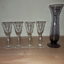 Vintage Etched Cordial Glasses and Vase