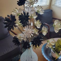 Large Glass Vase With Crystal Flowers