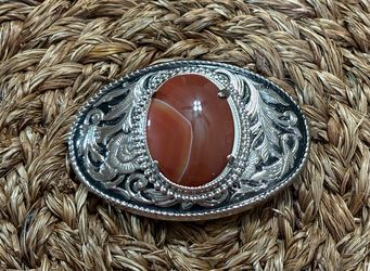Vintage Western Belt Buckle – Ornate Silver w/ Carnelian Agate Stone