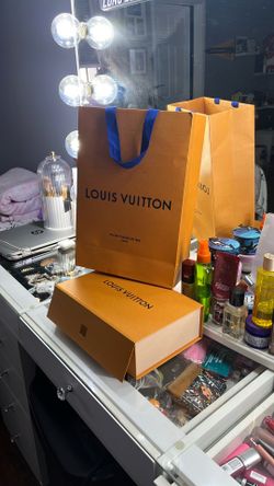 Louis Vuitton Orange Gift Bag with Blue Ribbon Handles and box