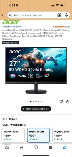 Acer Nitro KG1 series gaming monitor 1440p 200fps