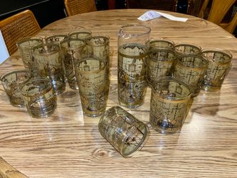 Mid Century 18Pc. Culver Cera 22K Gold World Atlas Map Glass & Pitcher Set