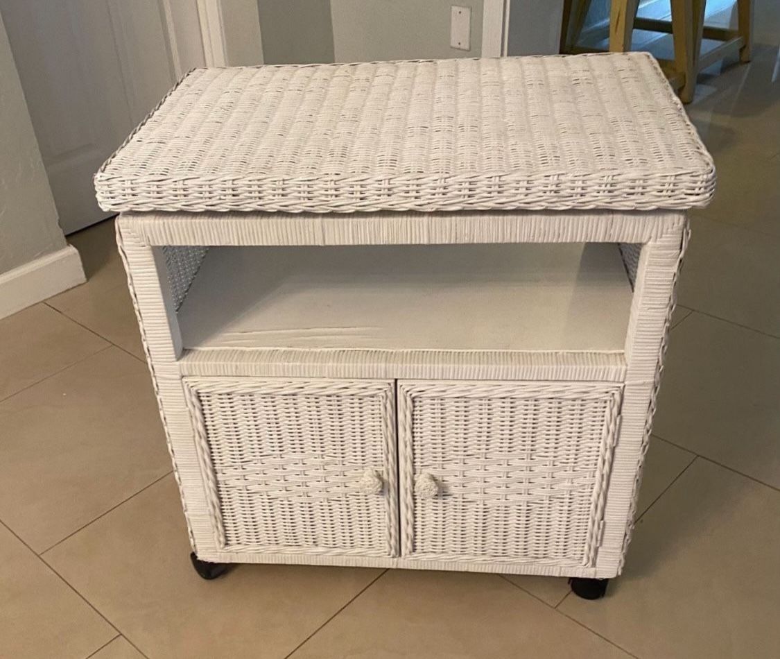 White Wicker Rolling Swivel Cabinet