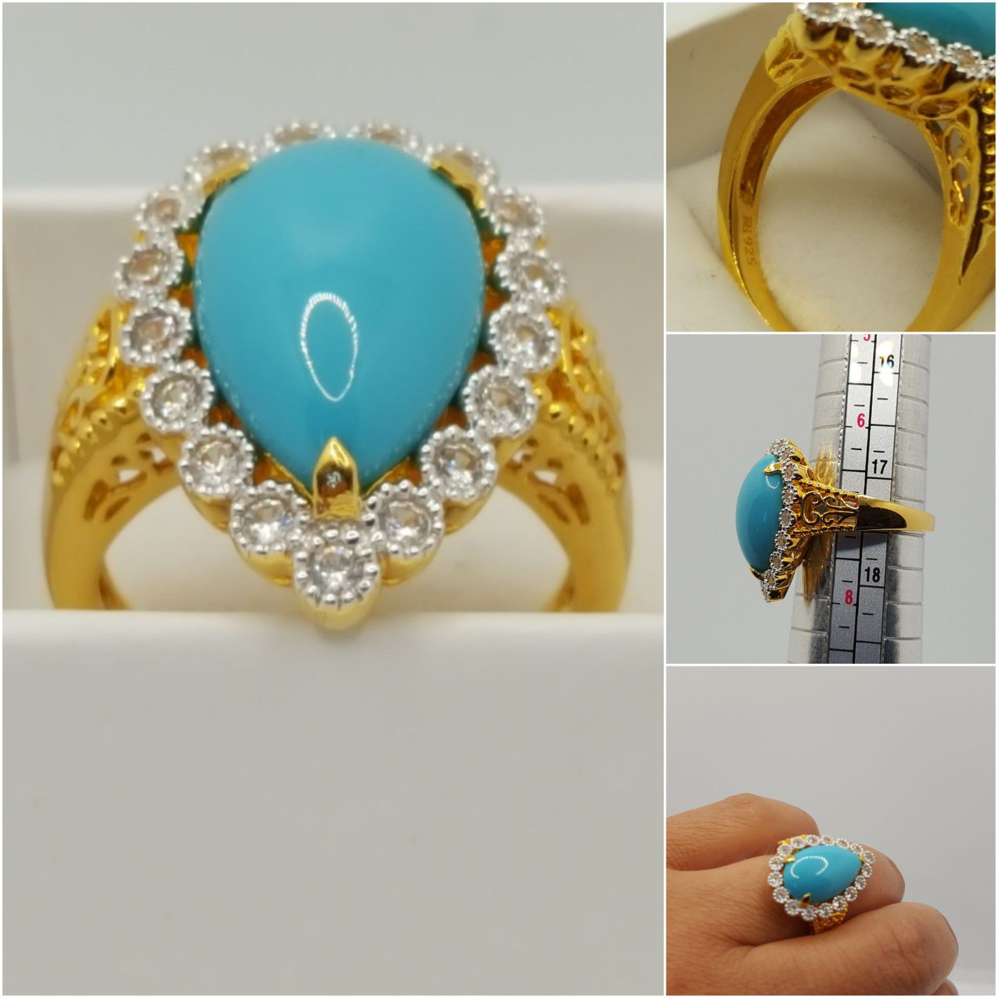 Precious 925 sterling silver, 10k Gold plated Ring, 7.00grs, Size7, Crystal and turquoise Stone. Nwot.