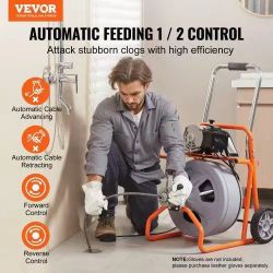 123#Drain Cleaner Machine 100FT x 1/2 Inch, Auto Feed Sewer Snake Drain Auger on Wheels, Portable Drain Cleaning Machine with 8 Cutters & Air-activate