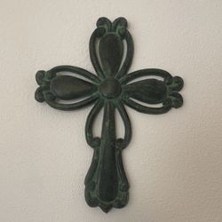 14” Ornate Cast Iron Cross - Antique Verdigris