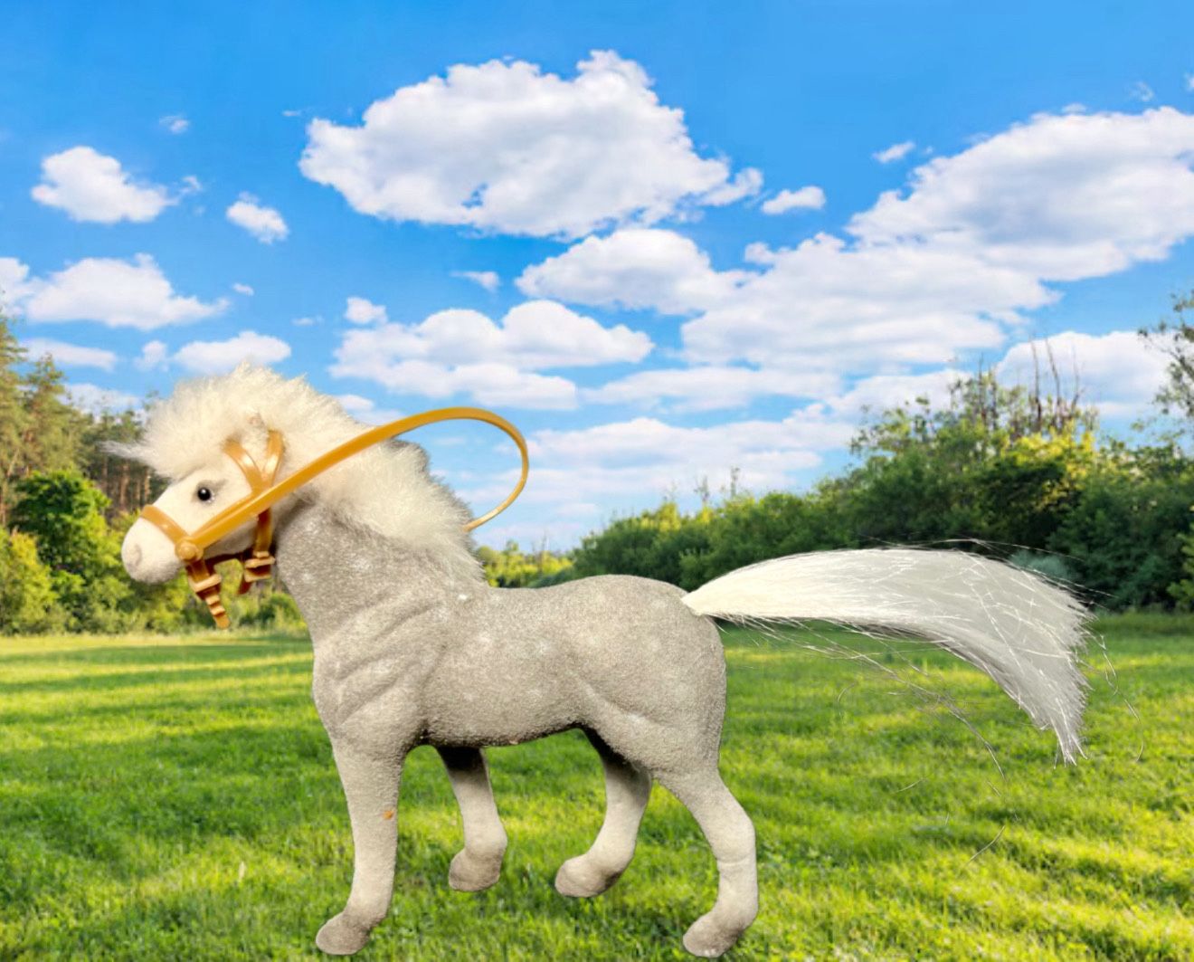 Vintage 1970s Flocked Gray Toy Horse With White Mane & Tail Yellow Bridle, 4.5”