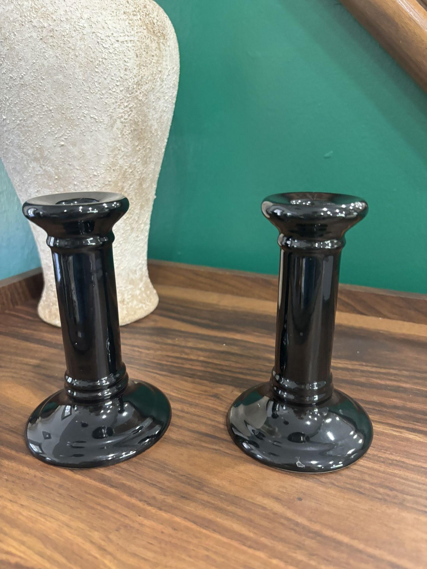 Two Black Ceramic Pier 1 Imports Tapered Candlestick Holders 