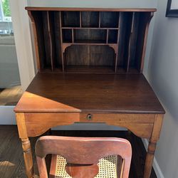 Antique Secretary Desk And Cane Chair 
