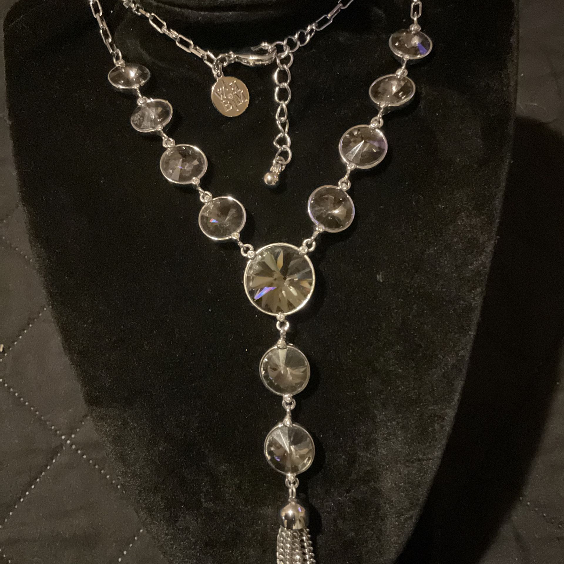 Beautiful 28” SilverTone Necklace With Sparkling Grey Rhinestones And Dangling Chain Tassel,By WB/HM