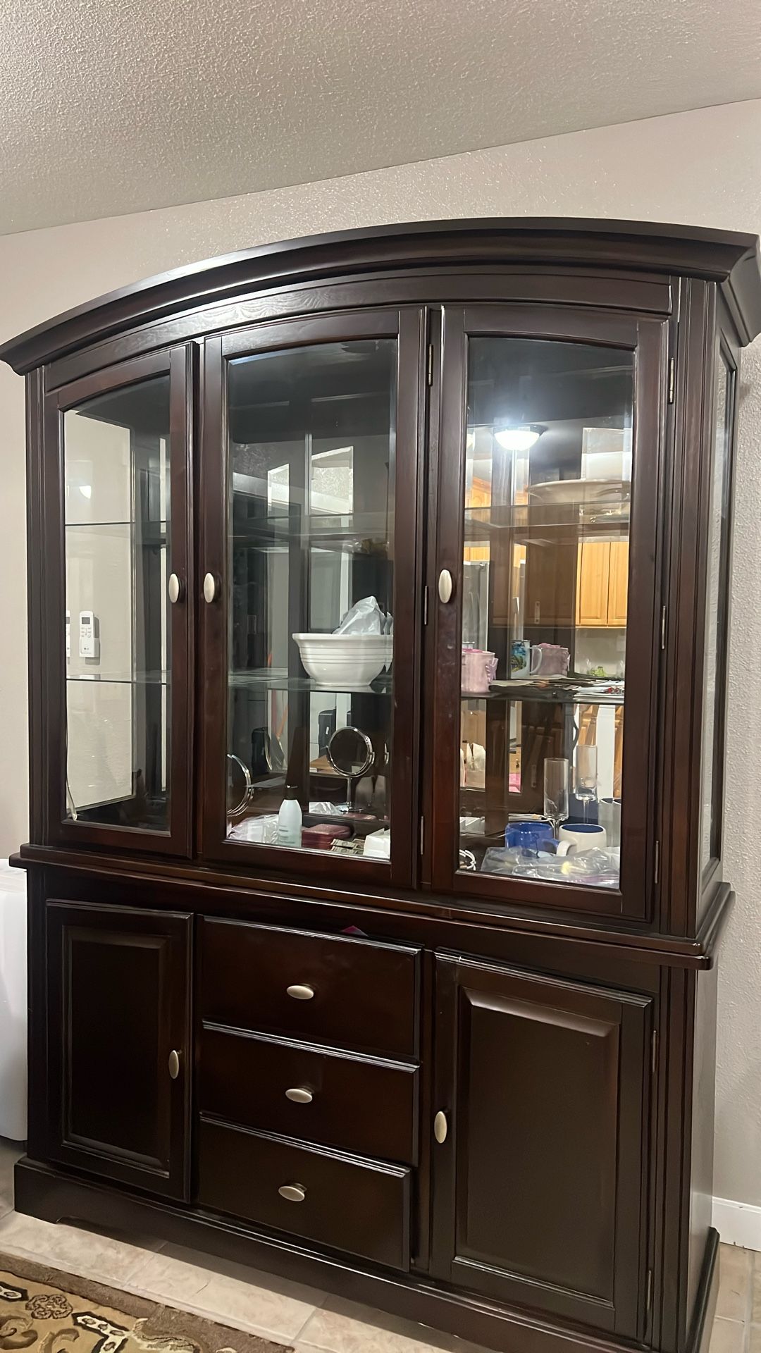 Elegant Dark Wood China Cabinet with Glass Doors and Storage Drawers – Excellent Condition”