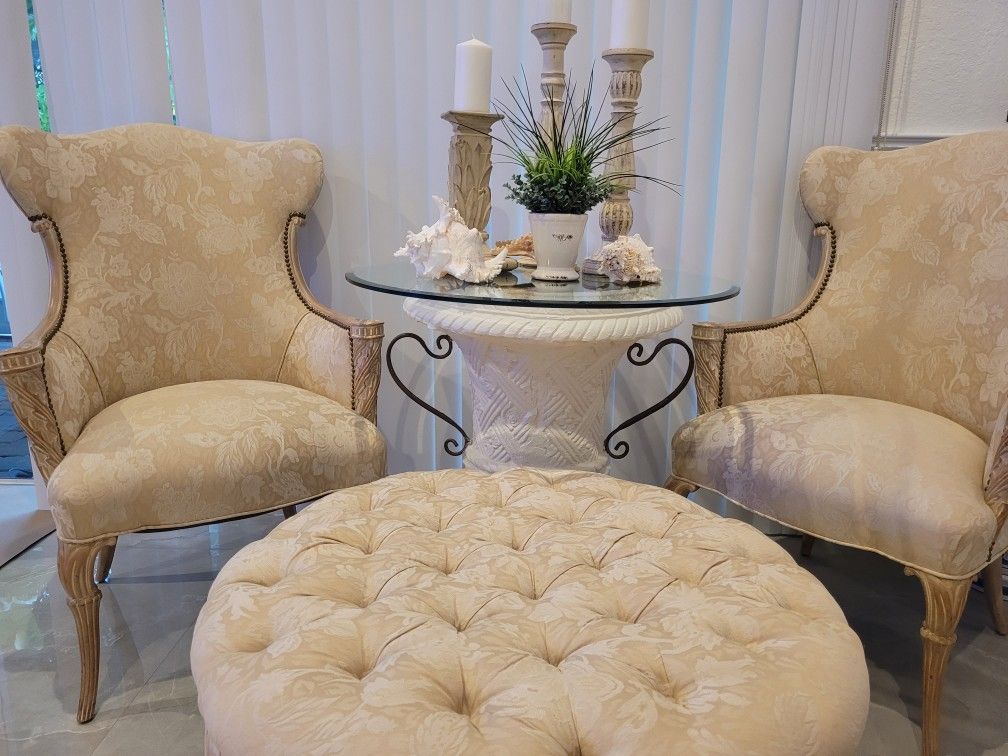 Stunning Custom Upholstered Chairs Glass Top Table And Ottoman 