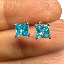 Aquamarine Stud Earrings, 925 Sterling Silver Studs, 5mm Square Princess Cut Aquamarine CZ, Dainty Minimalist Studs, March Birthstone Gift