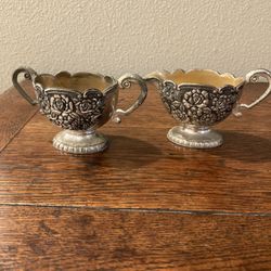 Vintage Pewter Cram And Sugar with Embossed Floral Pattern