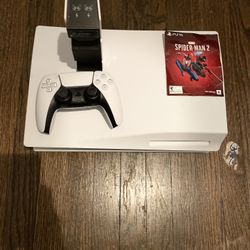 Ps5 with controller and spider man, controller charger 