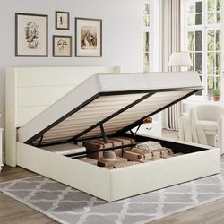 Queen Size Chenille Lift Up Hydraulic Storage Bed Frame Cream White Chenille Fabric Upholstered, Modern Wingback Headboard, Hydraulic Support Storage,