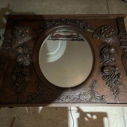 Vintage Mirror With Carved Wood Faces, Fruit, Flowers