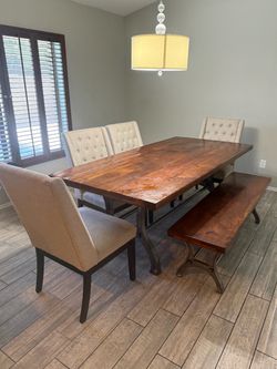 Rustic Wood Dining Table with Bench and Chairs