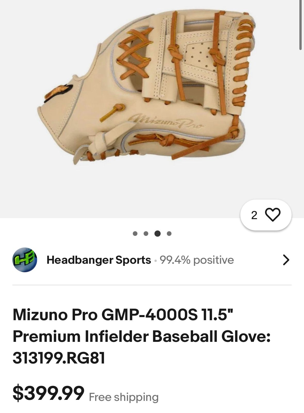NWT RHT 11.5” Mizuno Pro GMP 4000S Baseball Glove