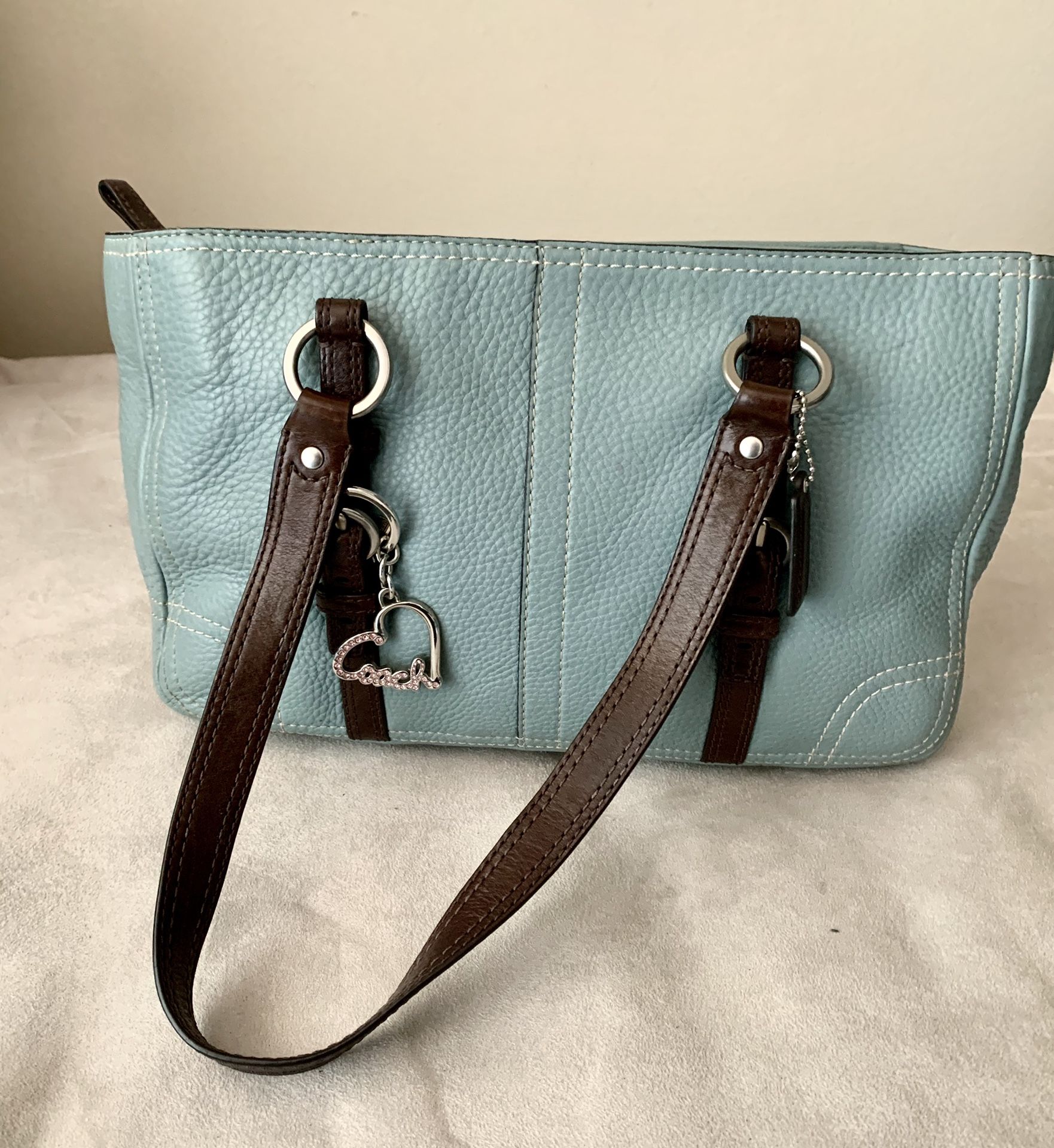 COACH Leather tote, teal/brown