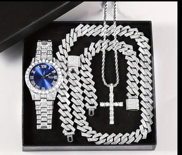 4pcs/set Mens Bling Wrist Watch & Hip Hop Cuban Chain Necklace Set 