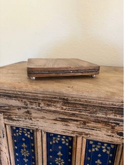 Boho wooden riser display square brown wi the metal etched engraving