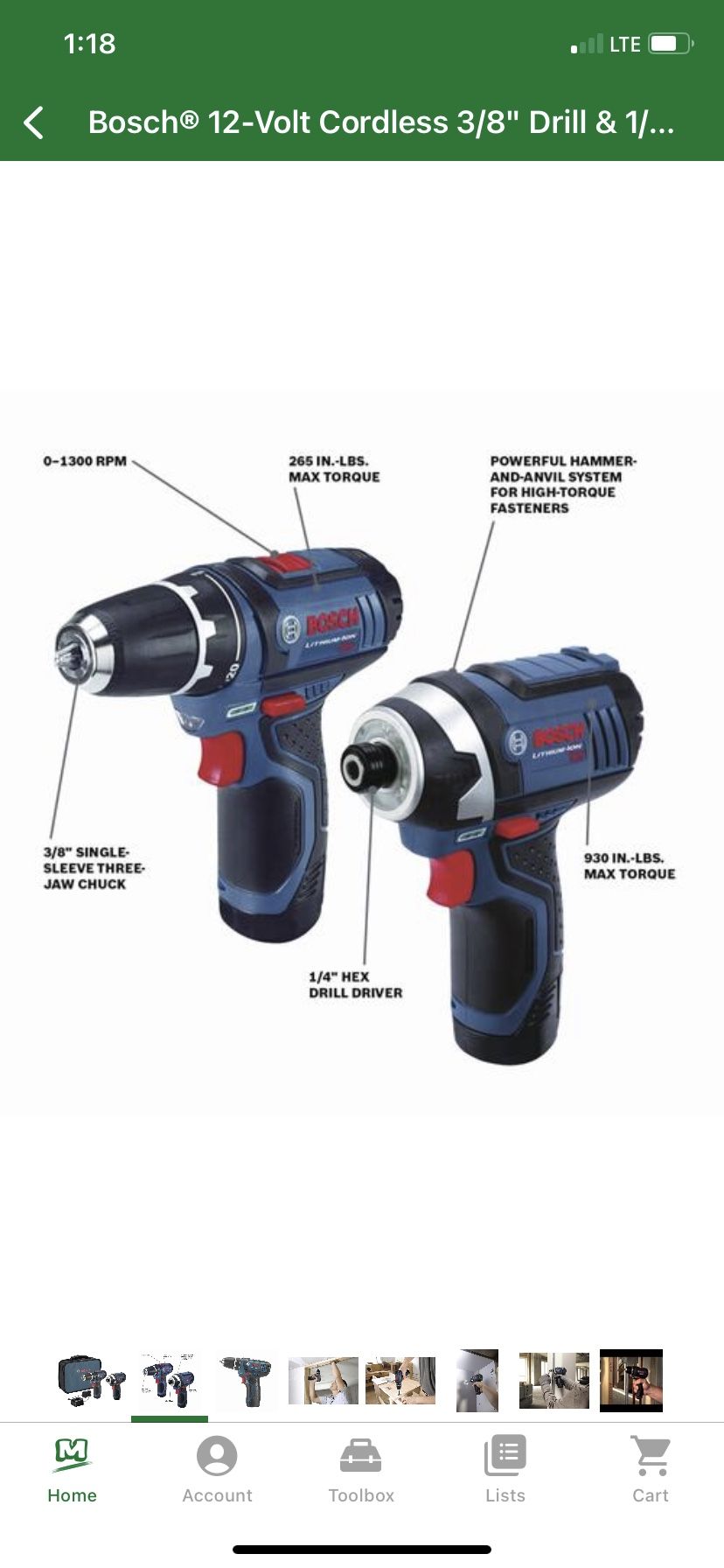 Bosch 12 Volt Cordless 3/8 Drill 1/4 Impact Combo Kit
