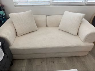 Cream Corduroy Loveseat Couch with Throw Pillows