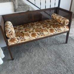 1950s 1960s Vintage Mid-Century Modern Cane Back Floral Bench