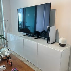 TV media white Cabinet Storage Console With Glass Top And Shelves 
