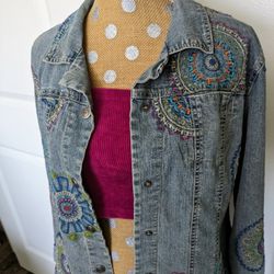 Women's Jacket Size 16 Retro Hearts Of Palm Denim Type Classic Embroidered