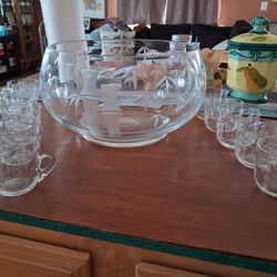Crystal Punch Bowl Set Etched With Bamboo 