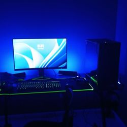 Pc w/desk, monitor, Mouse and keyboard.