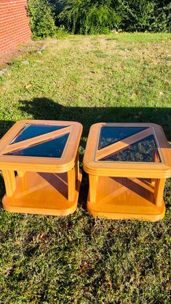 Pair of Wooden End Tables with Glass Tops