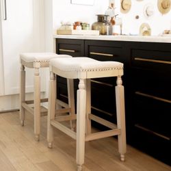 Barton Set of 2 Bar Stools Beige 28.5" Saddle Backless Premium Padded Indoor/Outdoor Nailhead Cushion...94035