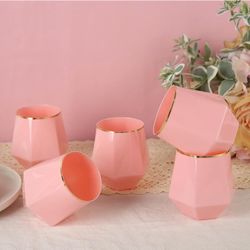 Brittany 12oz Stemless Pink and Gold Plastic Glasses Disposable Pink Wine Cups with Gold Rim Unbreakble Gold Cups Suit for Birthday, Wedding, Party an