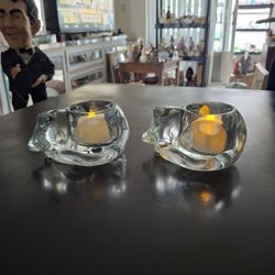 Set Of 2 Indiana Glass Sleeping Cat Tealight Votive Candle Holders 4.5"L X 2.5"H