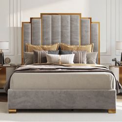 Lux Gray Velvet Queen Bed (includes Mattress and Box Spring) 
