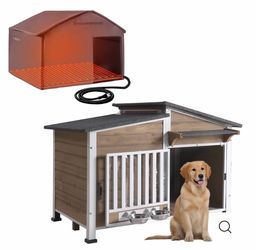 AIR7021-HP Heated Dog House with Heating Pad & Anti-Chewing Metal Frame, Insulated Wooden Dog Kennel with Unique Design Roof