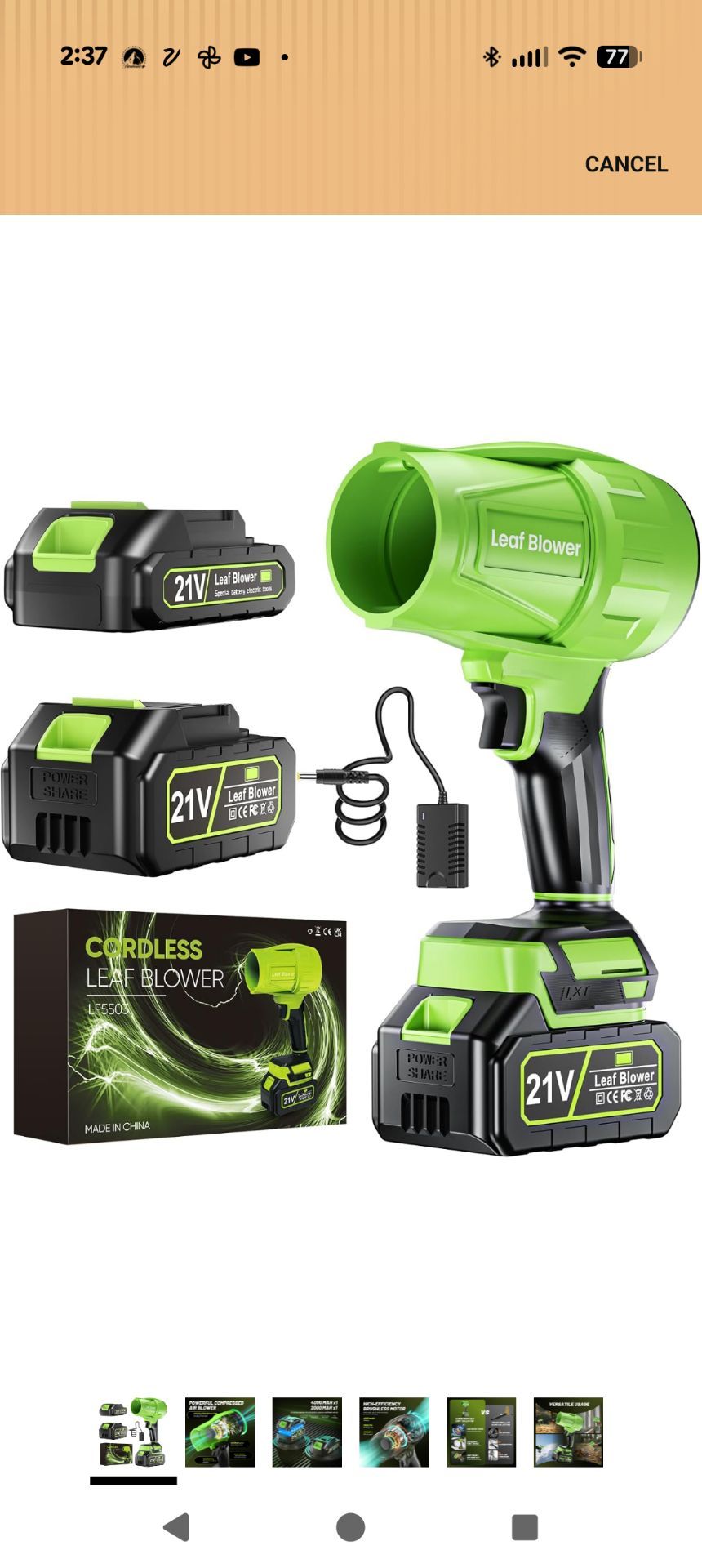 Leaf Blower Cordless with Battery and Charger