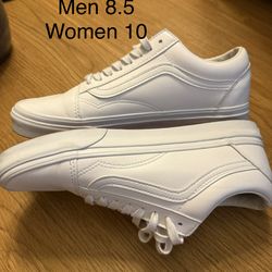 Women men unisex white leather vans shoes