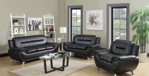 Modern style black leather 3 piece couch set