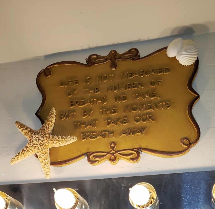 VINTAGE ORNATE GOLD LIFE NOT MEASURED BY BREATHS MOMENTS AWAY INSPIRATIONAL QUOTE NAUTICAL SEA SHELL STAR FISH WALL DECOR PICTURE ART PLAQUE DISPLAY