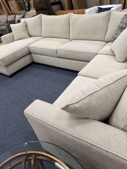 Large Beige Fabric Sectional Sofa with Chaise