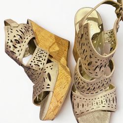 Guess Gold Cutout Wedge Sandals Size 10